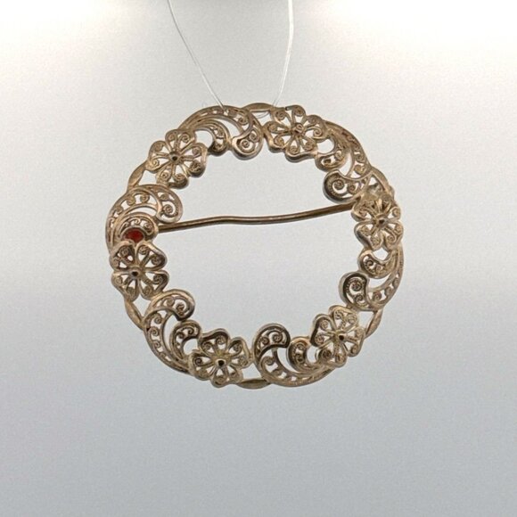 Estate Sterling Silver 925 Filigree Floral Wreath Circle Brooch Pin Germany 4.7g - Picture 1 of 8